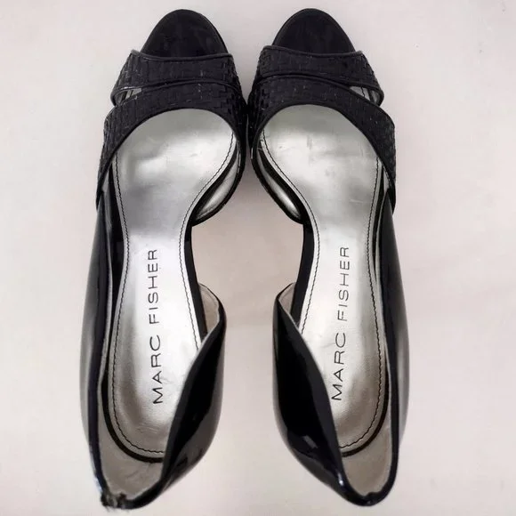 Marc Fisher Black Platform Open Toe Patent Leather Stiletto Pumps - Picture 10 of 16
